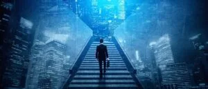 Legal operations leader planning department strategy on stairway overlooking city