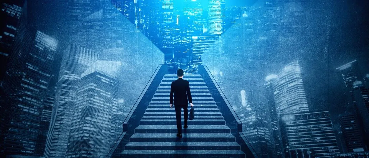 Legal operations leader planning department strategy on stairway overlooking city