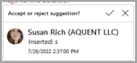 Microsoft Word accept-or-reject card display showing reviewer information and action buttons