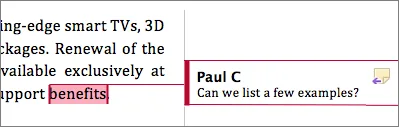 Comment balloon anchored to specific text in the margin of a Microsoft Word document