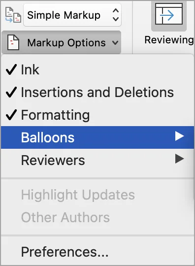 Microsoft Word Display for Review dropdown showing Simple Markup, All Markup, No Markup, and Original options