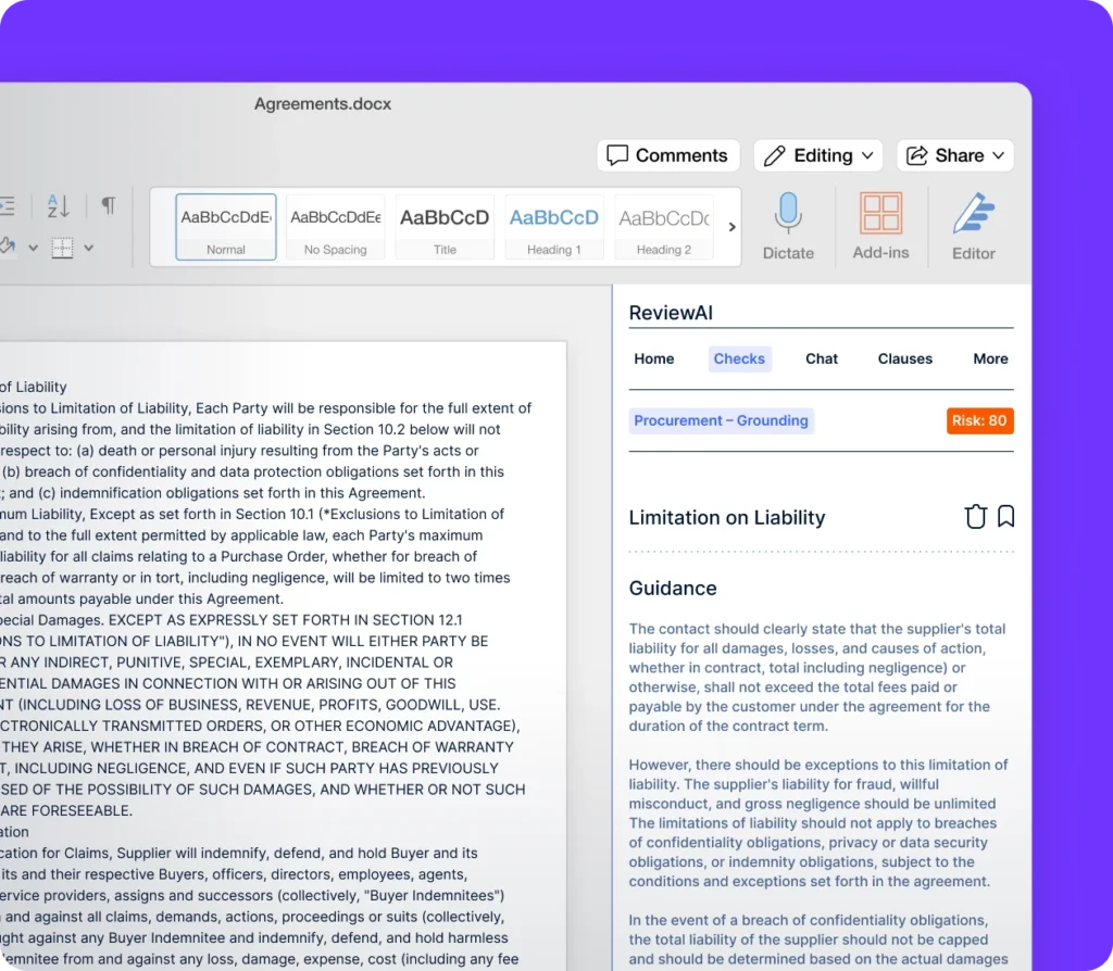 Onit ReviewAI inside Microsoft Word showing clause-level checks, chat, and playbook guidance for limitation of liability