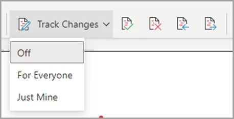 Microsoft Word Track Changes drop-down menu showing Off, For Everyone, and Just Mine options in the Review tab