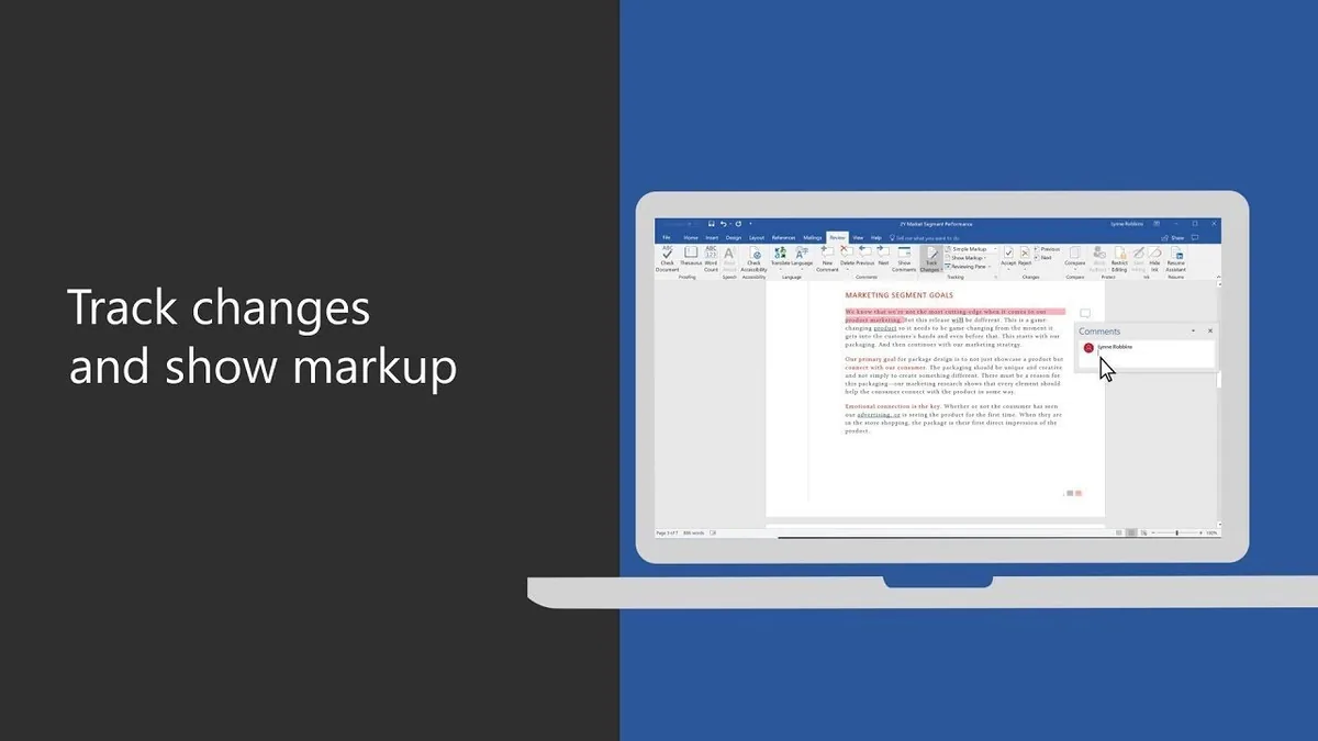Microsoft Word interface showing the Review tab and document area where Track Changes is used for redlining