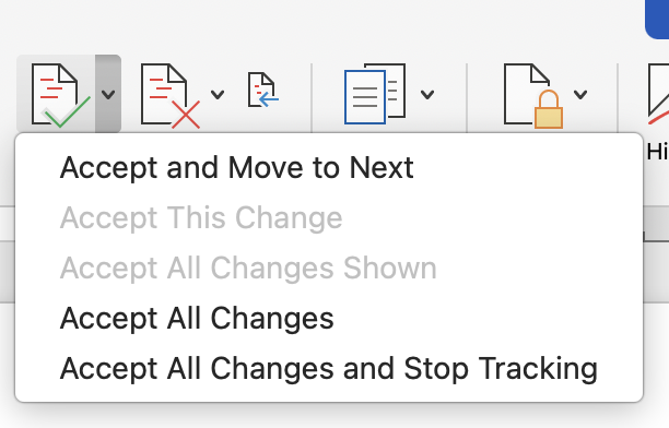 How to redline in MS Word - Accept and move to next - Accept all Changes - Accept All changes and Stop Tracking