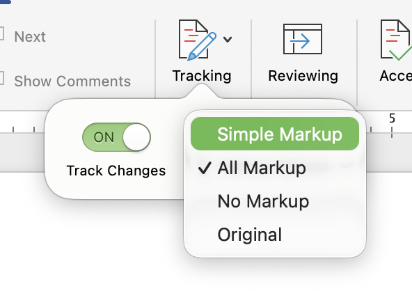MS word redlining - track changes - turning simple markup on, no markup and original options in MS Word