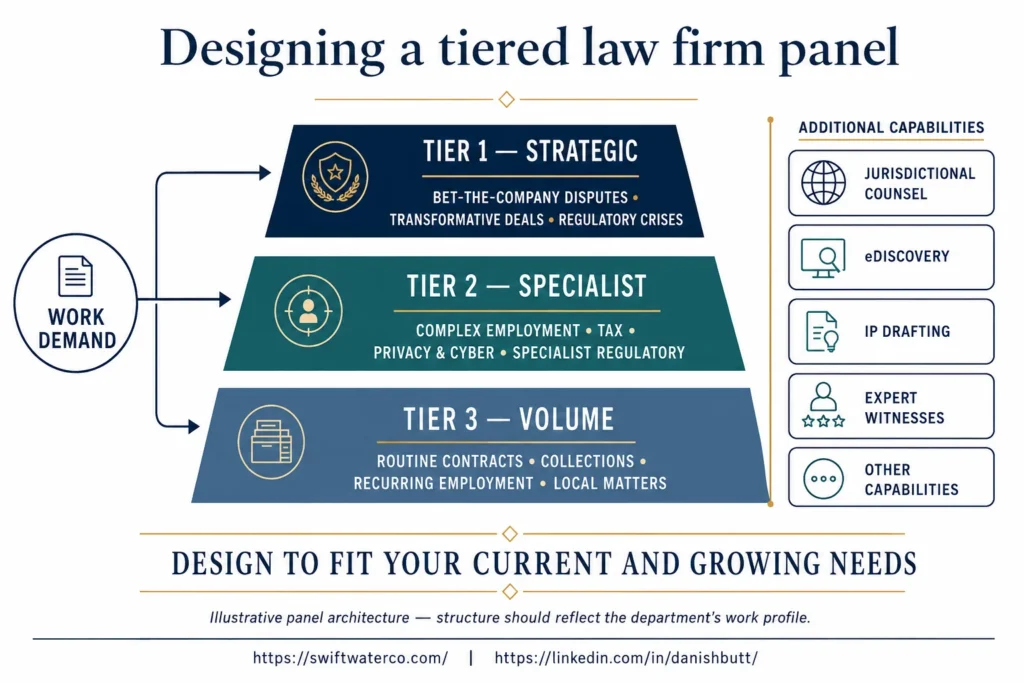 designing a tiered law firm panel - legal preferred provider program - outside counsel management - legal spend management