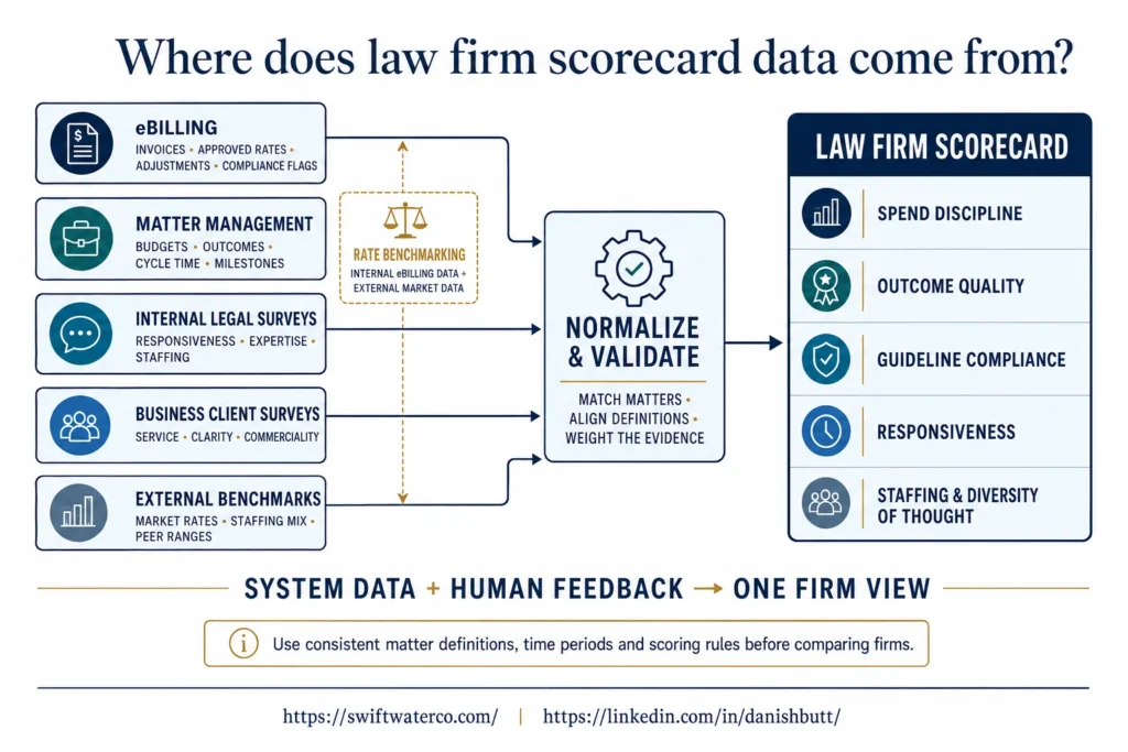 Where does the law firm scorecard data sourced from - outside counsel management - legal spend management