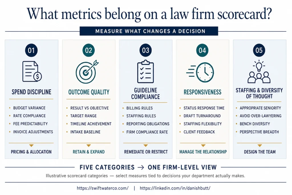 what metrics belong on the law firm scorecard - outside counsel management - legal spend management