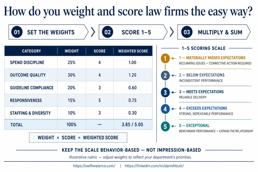 How do you weight and score law firms the easy way - outside counsel management - legal spend management