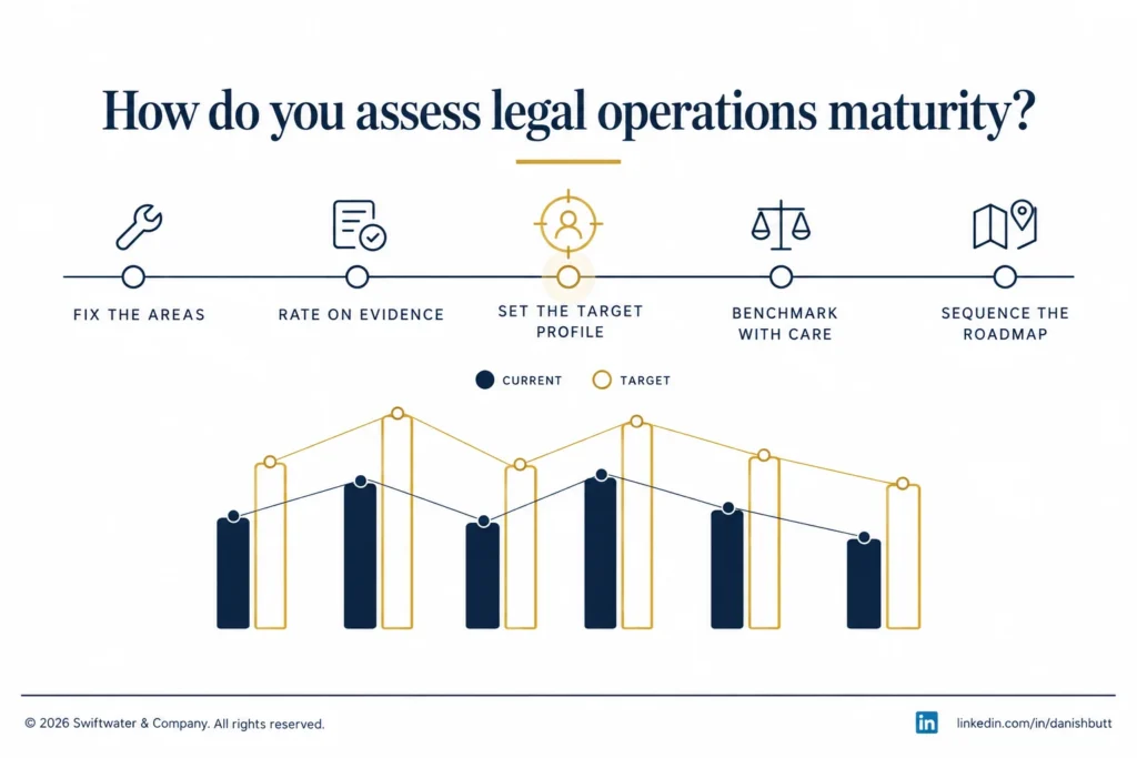 Five steps from fixing the areas to a sequenced roadmap, with a target maturity profile