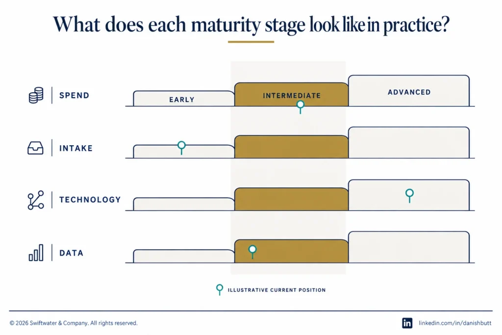 Early, intermediate, and advanced maturity stages across spend, intake, technology, and data